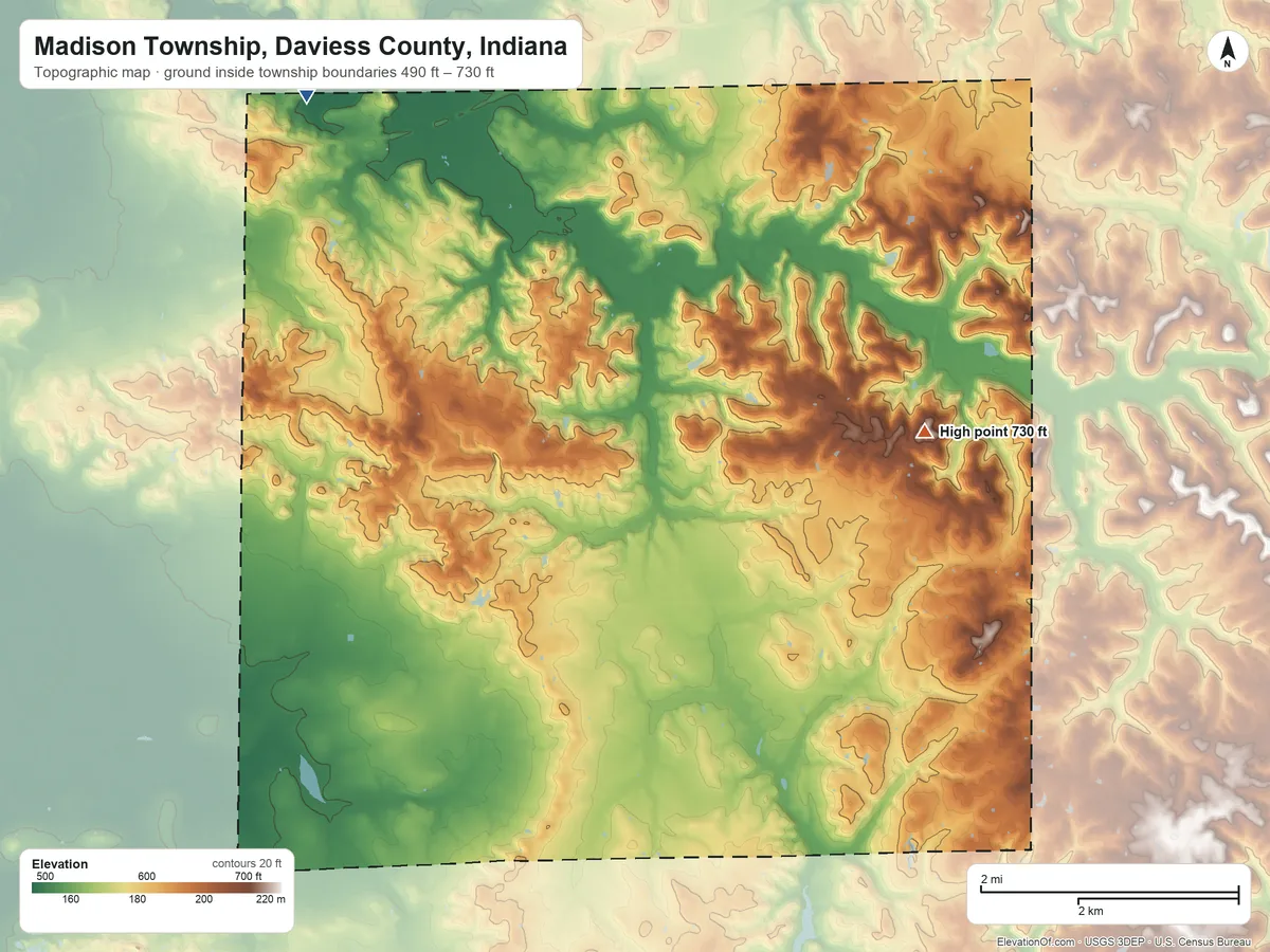Topographic elevation map of Madison Township, Daviess County, Indiana, shaded from 490 ft on the northwest side to 730 ft on the northeast side