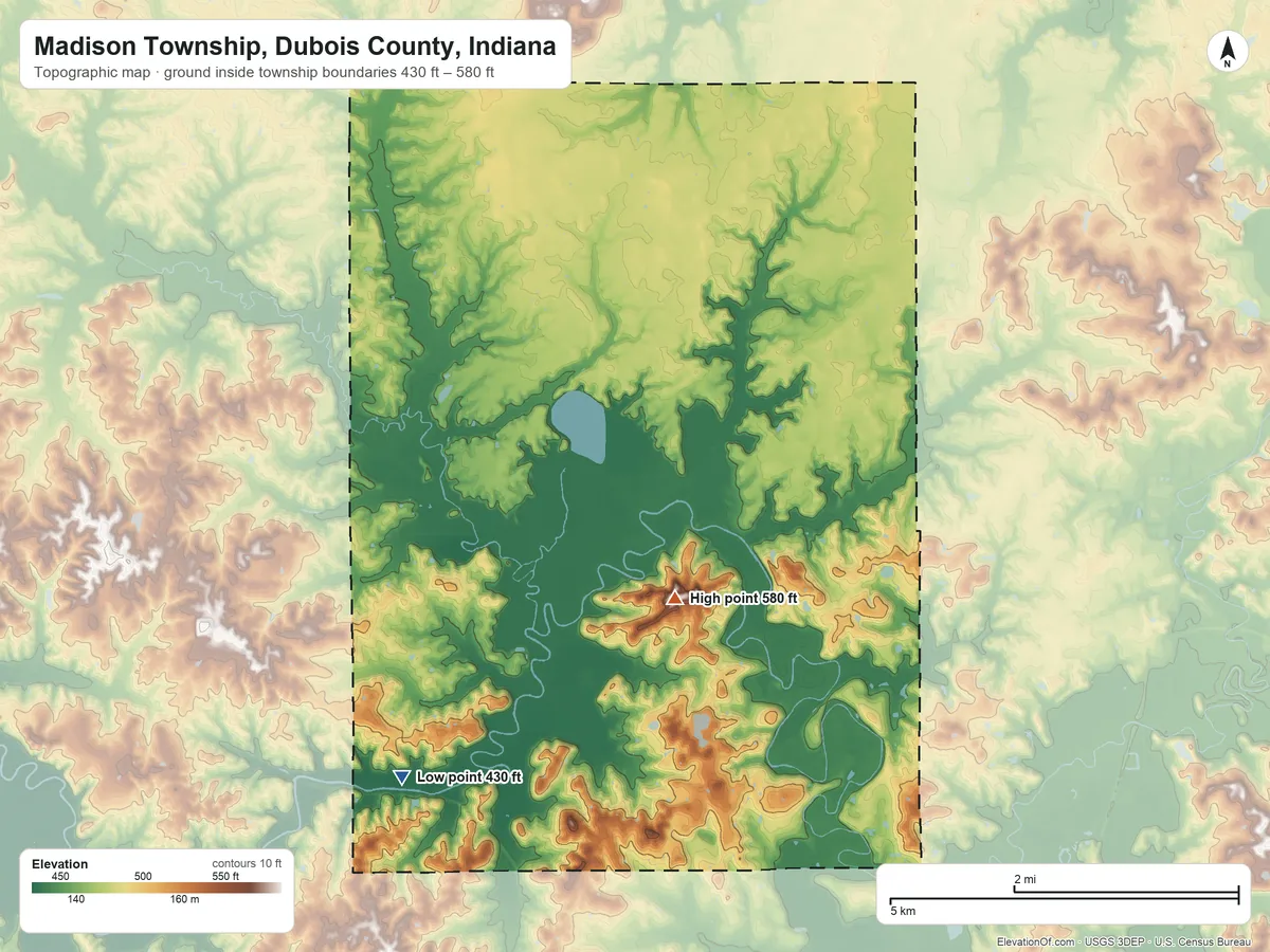 Topographic elevation map of Madison Township, Dubois County, Indiana, shaded from 430 ft on the southwest side to 580 ft on the south side