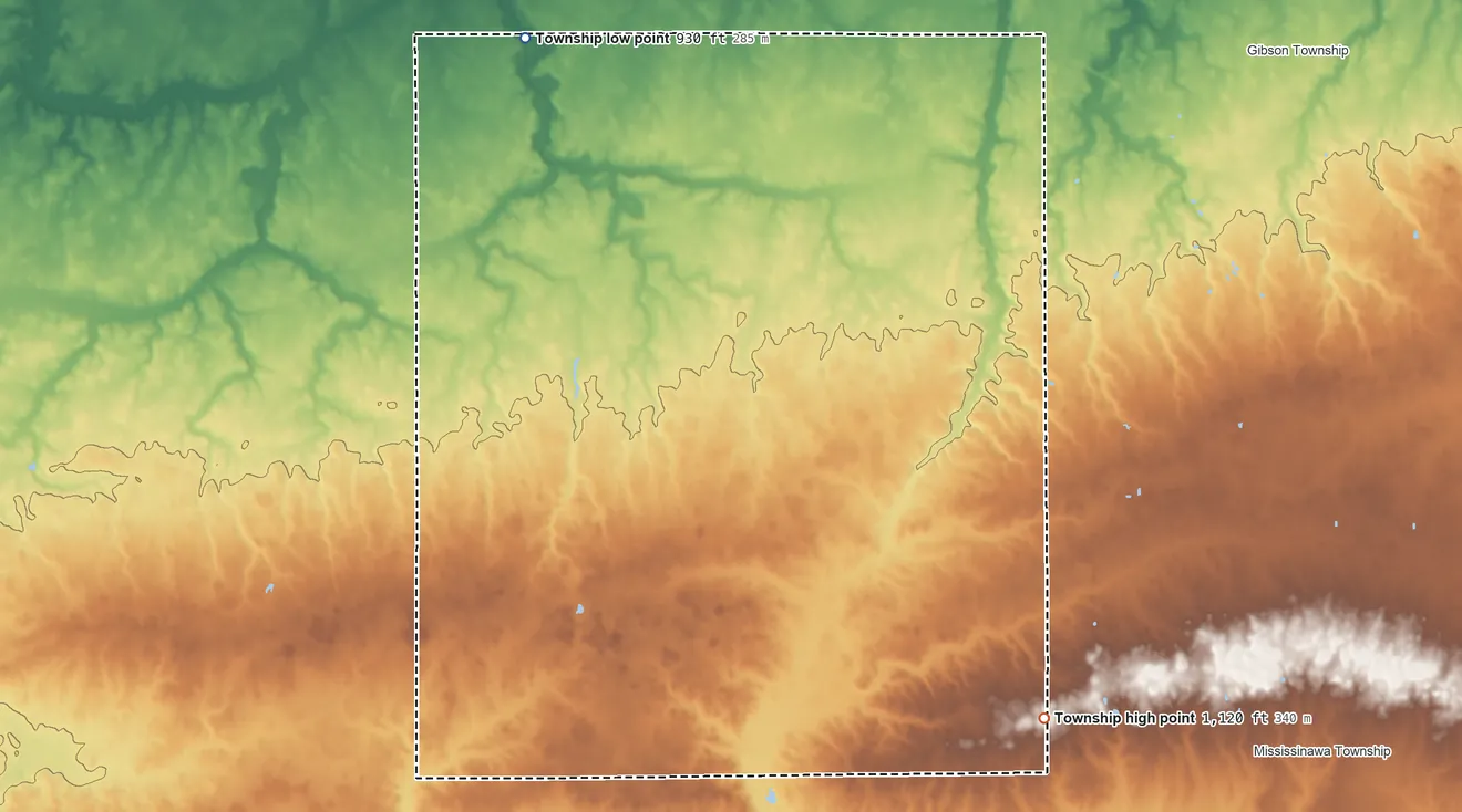 Topographic elevation map of Madison Township, Jay County, Indiana, shaded from 930 ft on the northwest side to 1,120 ft on the southeast side