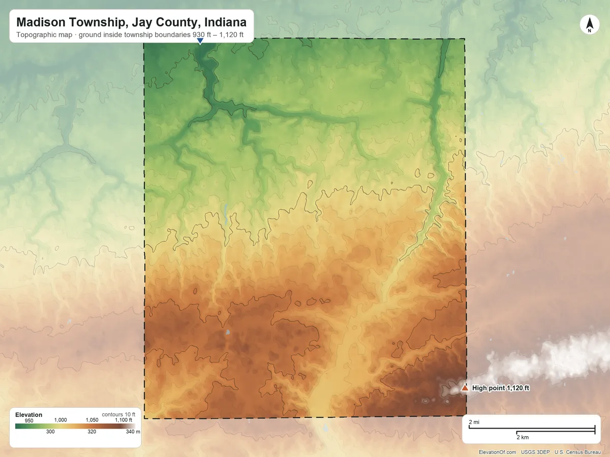 Topographic elevation map of Madison Township, Jay County, Indiana, shaded from 930 ft on the northwest side to 1,120 ft on the southeast side