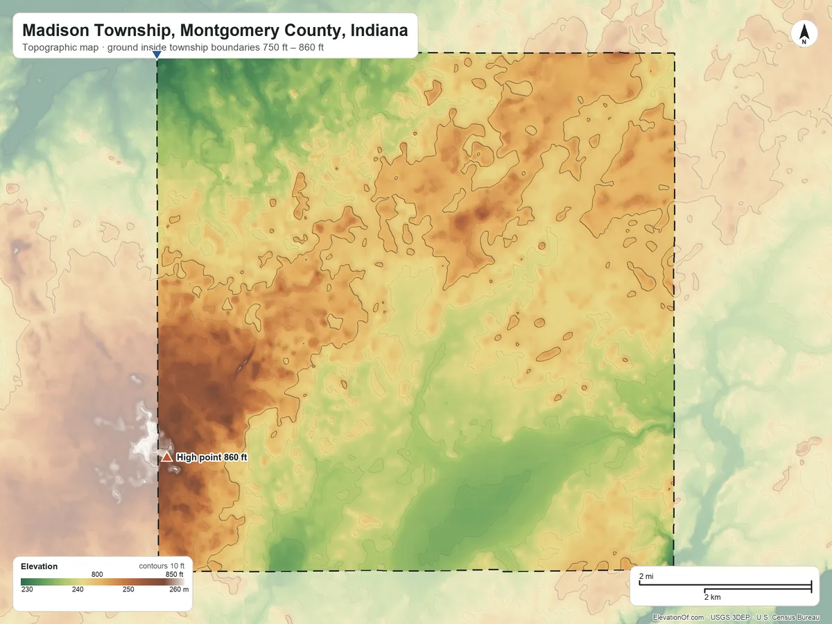 Topographic elevation map of Madison Township, Montgomery County, Indiana, shaded from 750 ft on the northwest side to 860 ft on the southwest side