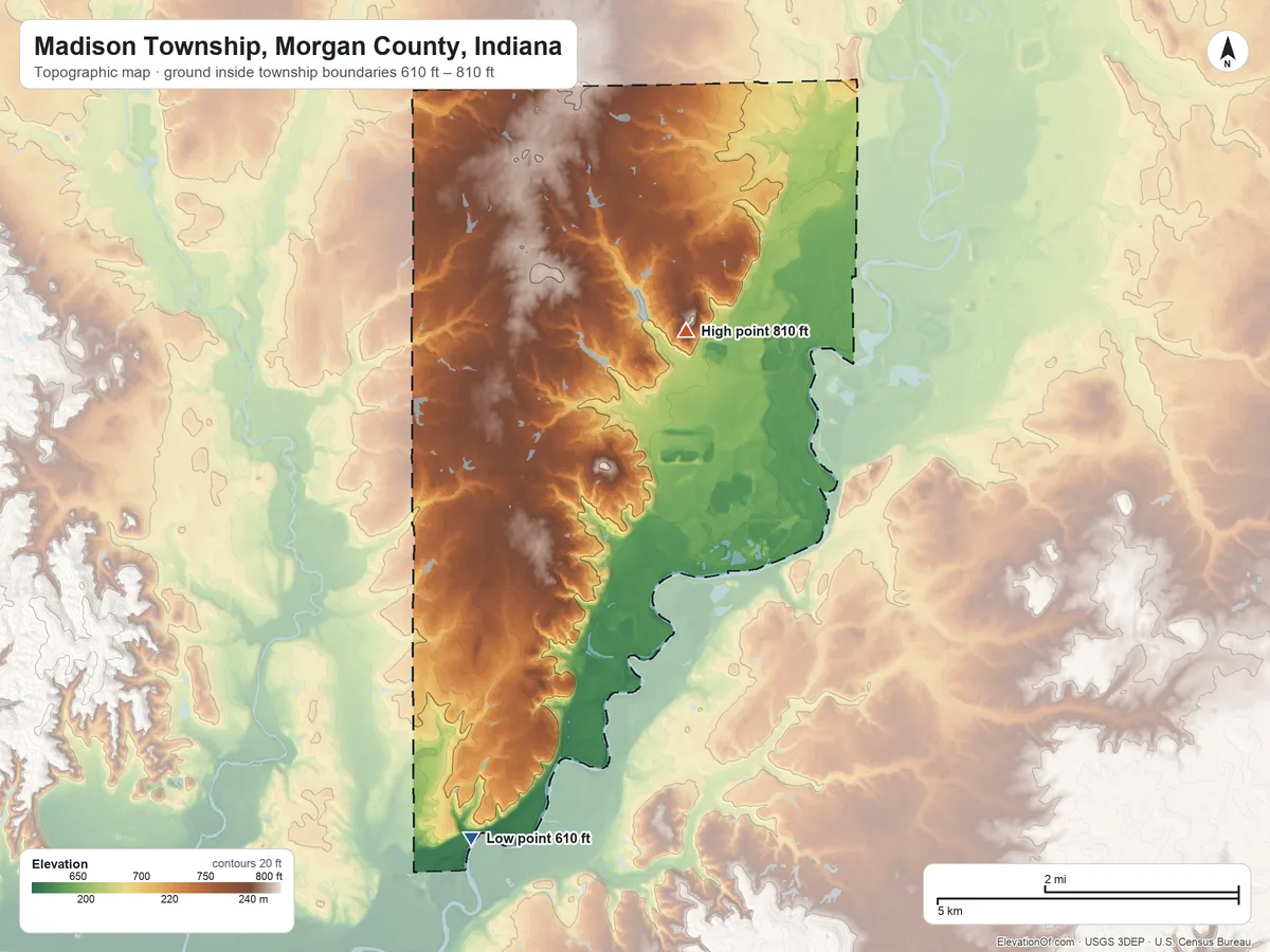 Topographic elevation map of Madison Township, Morgan County, Indiana, shaded from 610 ft on the south side to 810 ft on the southeast side