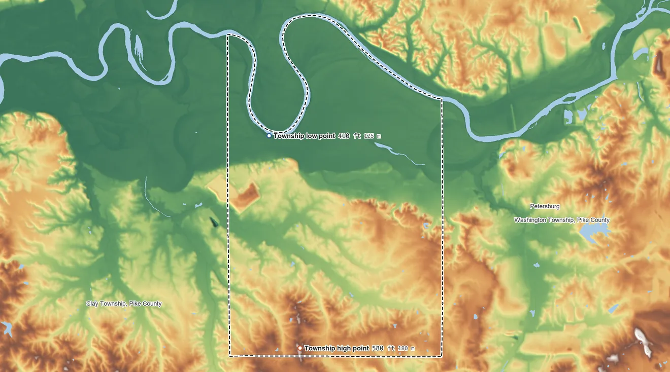 Topographic elevation map of Madison Township, Pike County, Indiana, shaded from 410 ft on the northwest side to 580 ft on the southwest side