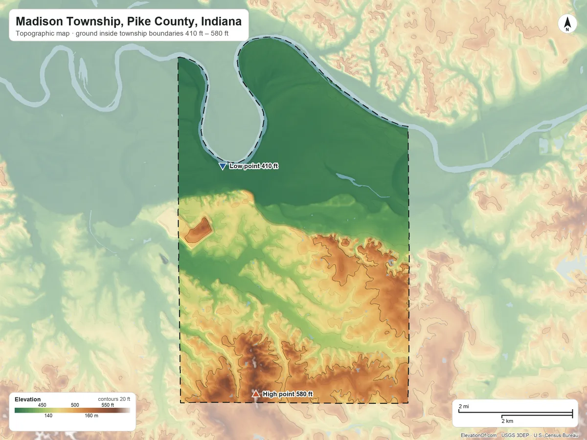 Topographic elevation map of Madison Township, Pike County, Indiana, shaded from 410 ft on the northwest side to 580 ft on the southwest side