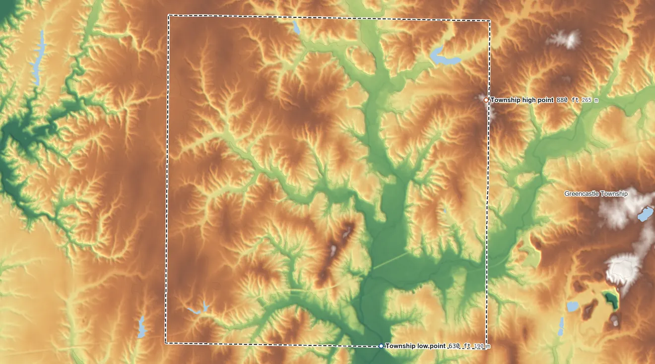Topographic elevation map of Madison Township, Putnam County, Indiana, shaded from 630 ft on the south side to 880 ft on the northeast side