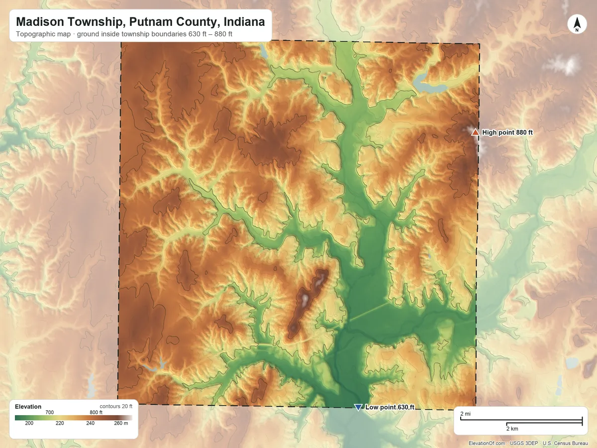 Topographic elevation map of Madison Township, Putnam County, Indiana, shaded from 630 ft on the south side to 880 ft on the northeast side