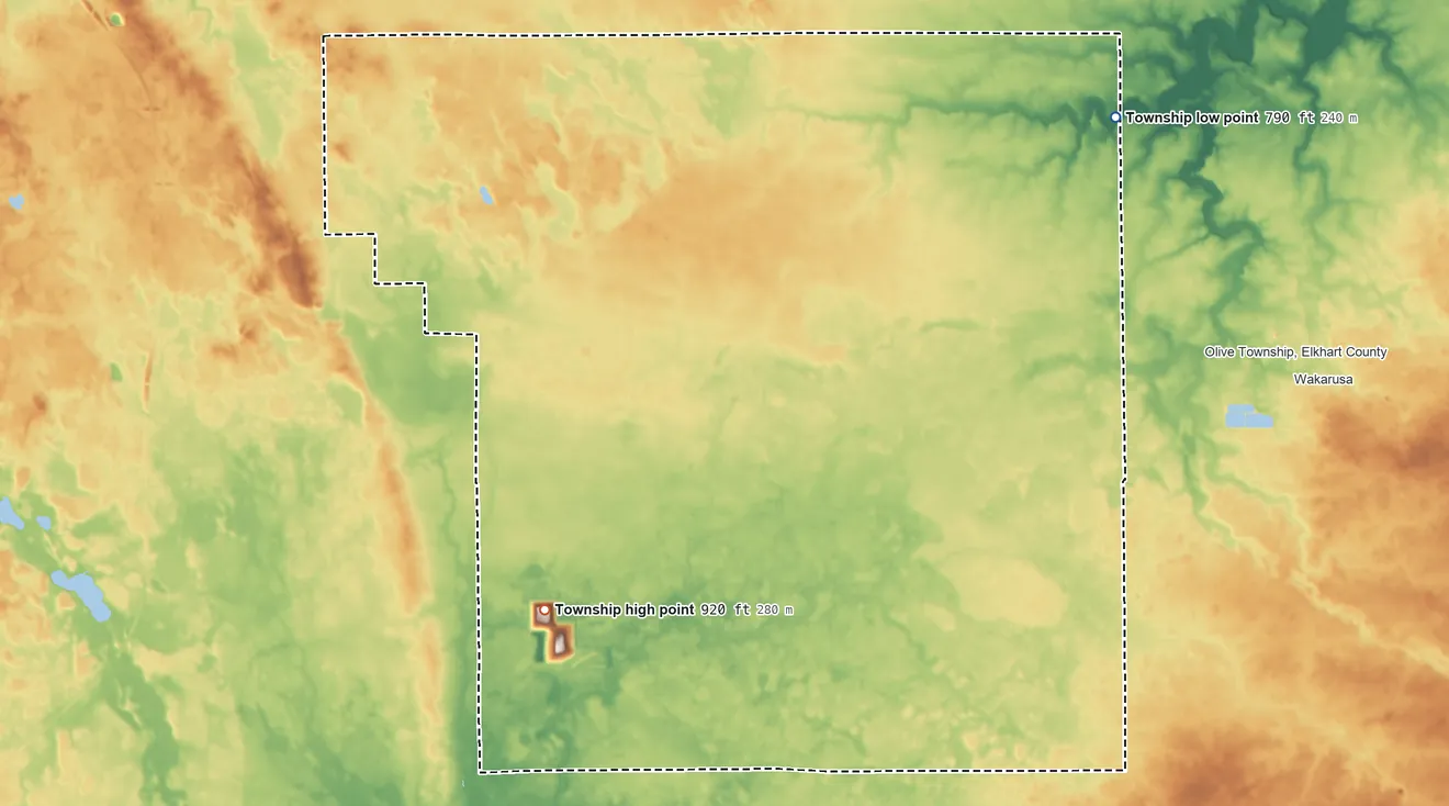 Topographic elevation map of Madison Township, St. Joseph County, Indiana, shaded from 790 ft on the northeast side to 920 ft on the southwest side