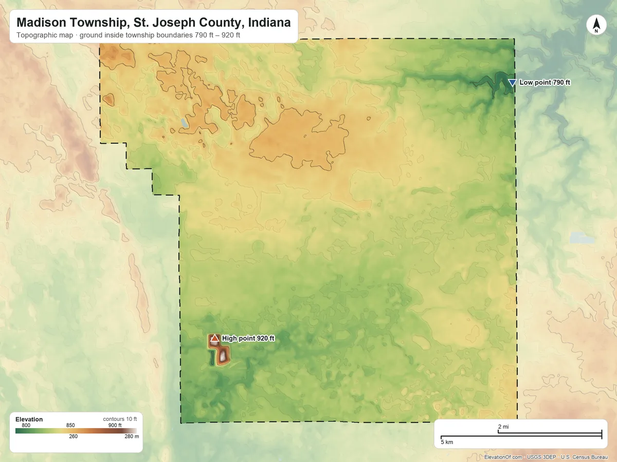Topographic elevation map of Madison Township, St. Joseph County, Indiana, shaded from 790 ft on the northeast side to 920 ft on the southwest side