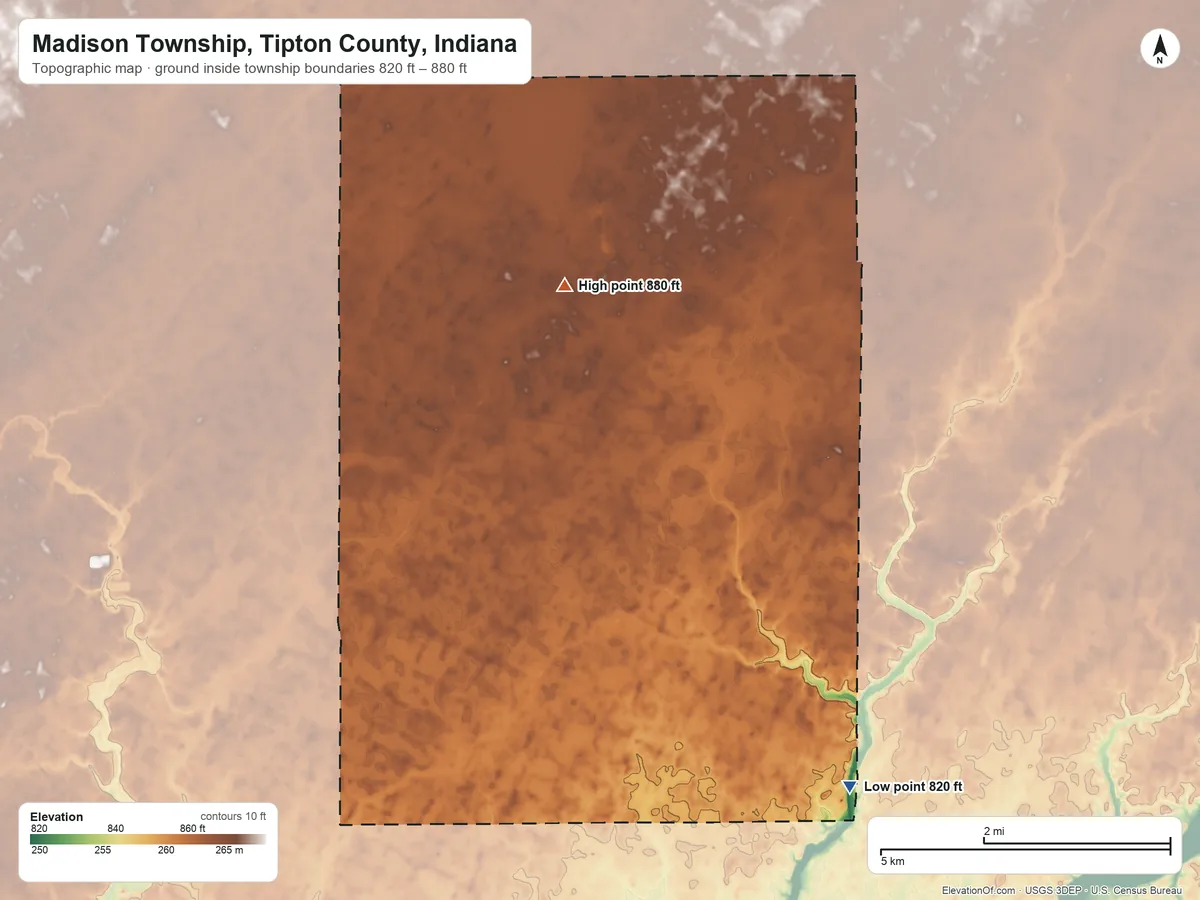 Topographic elevation map of Madison Township, Tipton County, Indiana, shaded from 820 ft on the southeast side to 880 ft on the north side