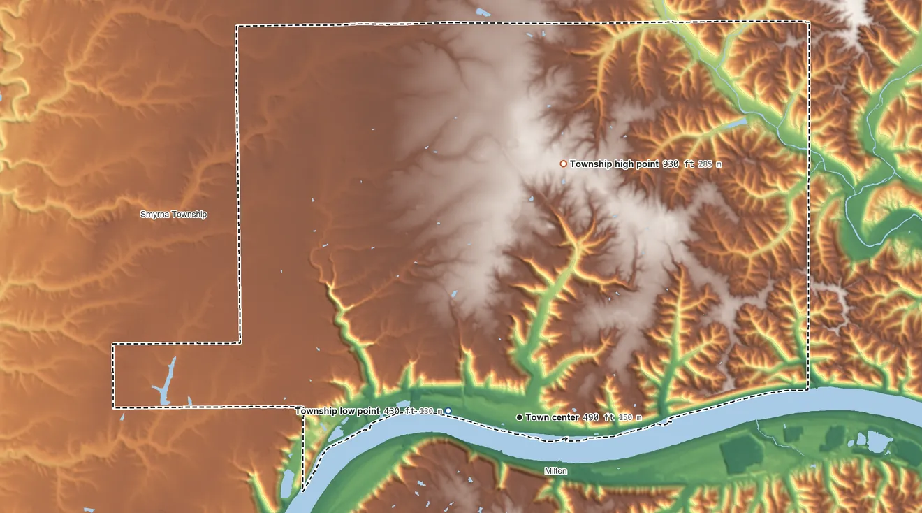 Topographic elevation map of Madison Township, Indiana, shaded from 430 ft near the middle to 930 ft on the north side
