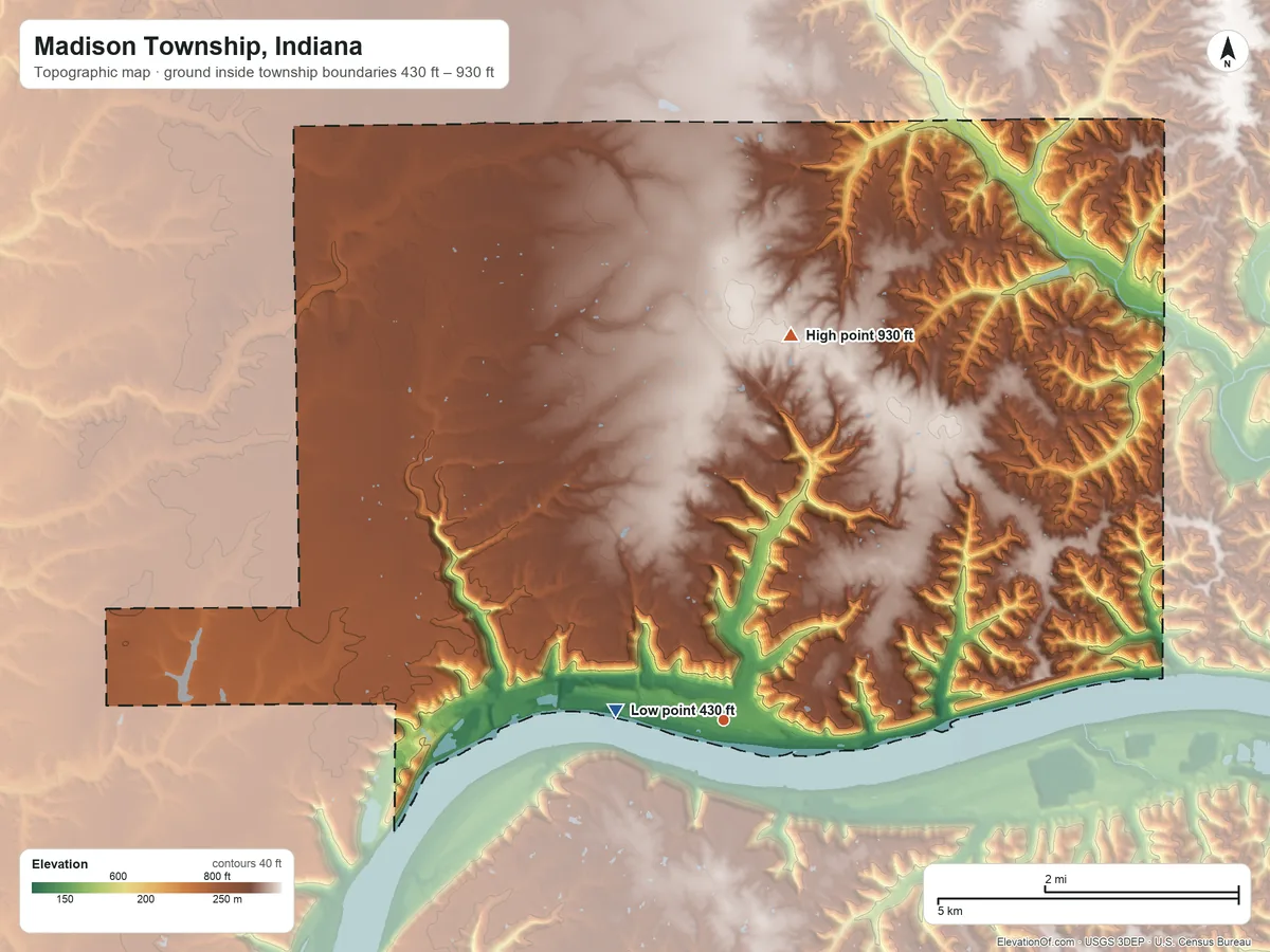 Topographic elevation map of Madison Township, Indiana, shaded from 430 ft near the middle to 930 ft on the north side