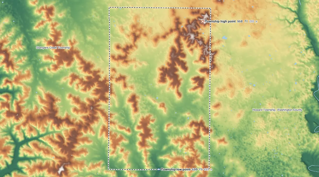 Topographic elevation map of Madison Township, Washington County, Indiana, shaded from 680 ft on the south side to 960 ft on the northeast side