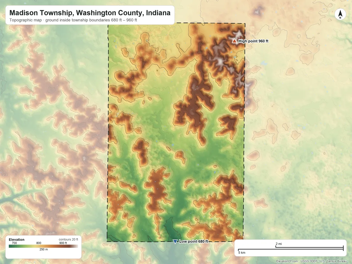 Topographic elevation map of Madison Township, Washington County, Indiana, shaded from 680 ft on the south side to 960 ft on the northeast side