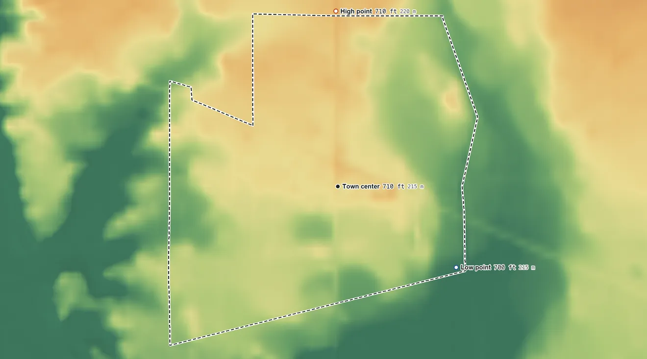 Topographic elevation map of Malden, Indiana, shaded from 700 ft on the southeast side to 710 ft on the north side