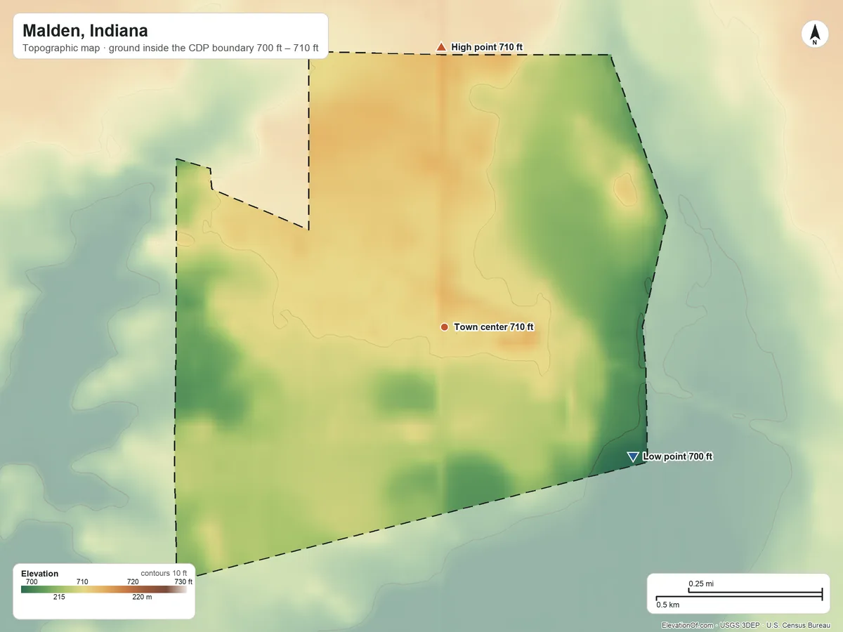 Topographic elevation map of Malden, Indiana, shaded from 700 ft on the southeast side to 710 ft on the north side