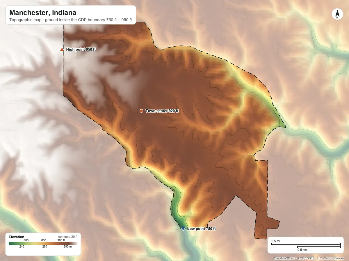 Topographic elevation map of Manchester, Indiana, shaded from 750 ft on the south side to 950 ft on the northwest side