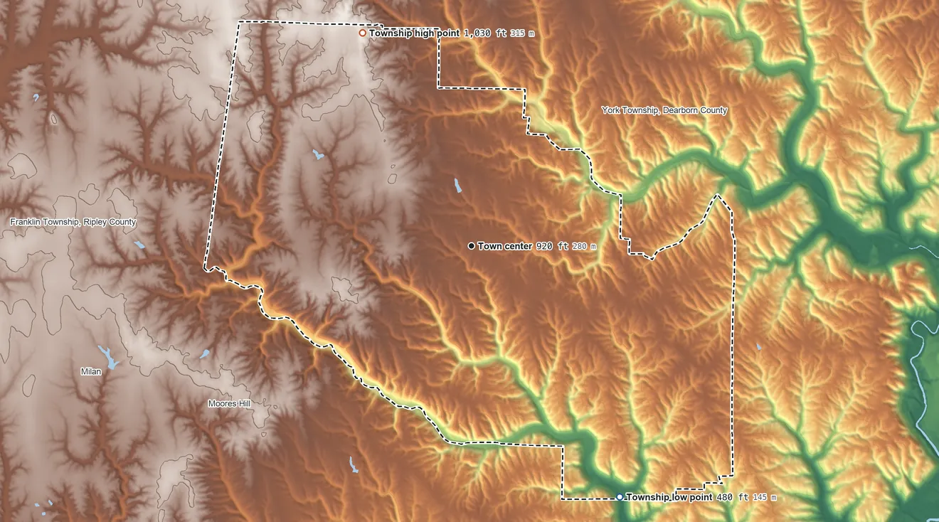 Topographic elevation map of Manchester Township, Indiana, shaded from 480 ft on the southeast side to 1,030 ft on the northwest side