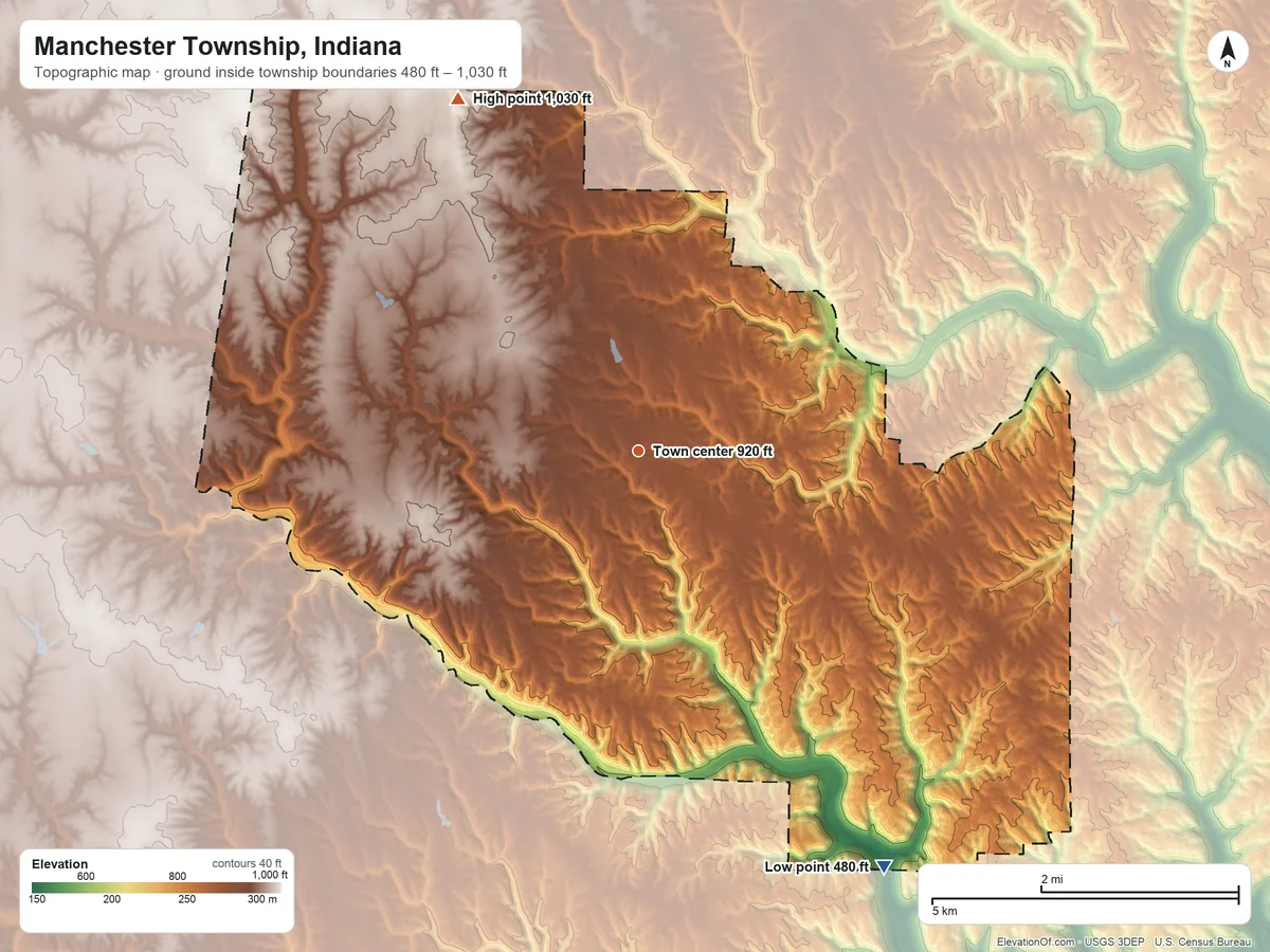 Topographic elevation map of Manchester Township, Indiana, shaded from 480 ft on the southeast side to 1,030 ft on the northwest side