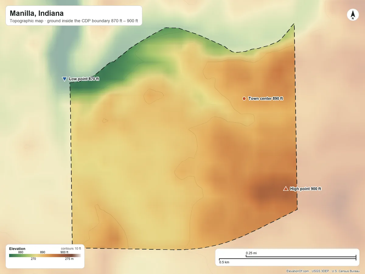 Topographic elevation map of Manilla, Indiana, shaded from 870 ft on the west side to 900 ft on the southeast side