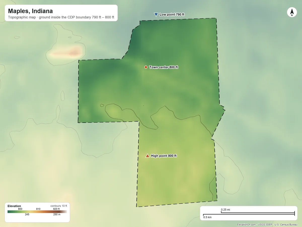 Topographic elevation map of Maples, Indiana, shaded from 790 ft on the north side to 800 ft on the south side