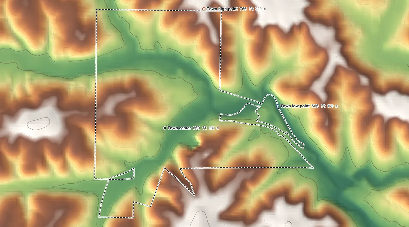Topographic elevation map of Marengo, Indiana, shaded from 560 ft on the east side to 760 ft on the north side