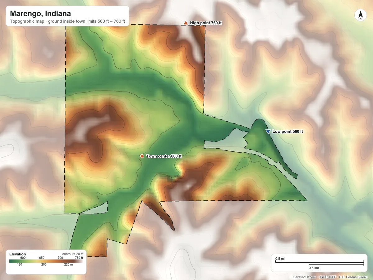 Topographic elevation map of Marengo, Indiana, shaded from 560 ft on the east side to 760 ft on the north side