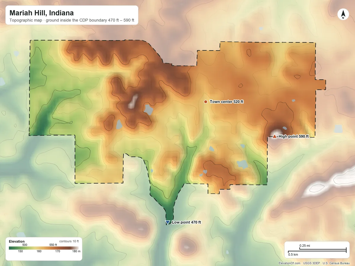 Topographic elevation map of Mariah Hill, Indiana, shaded from 470 ft on the south side to 590 ft on the southeast side