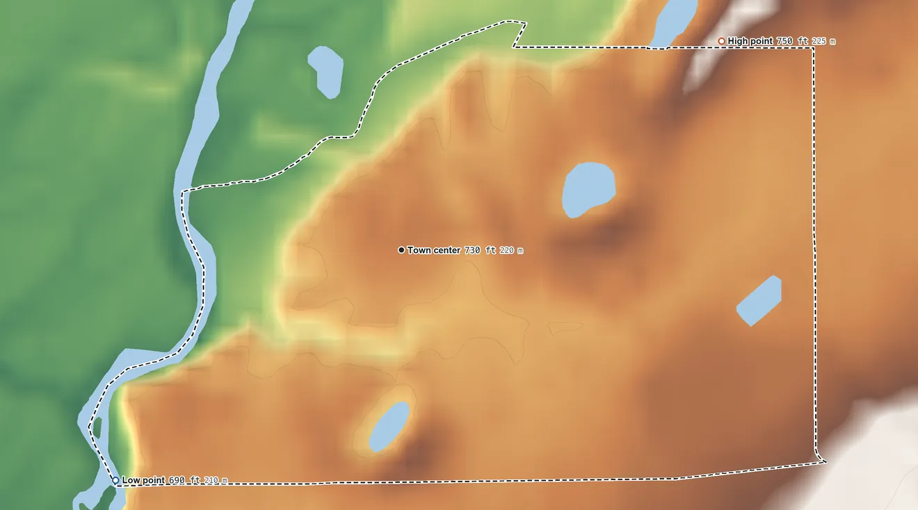 Topographic elevation map of Marietta, Indiana, shaded from 690 ft on the southwest side to 750 ft on the northeast side