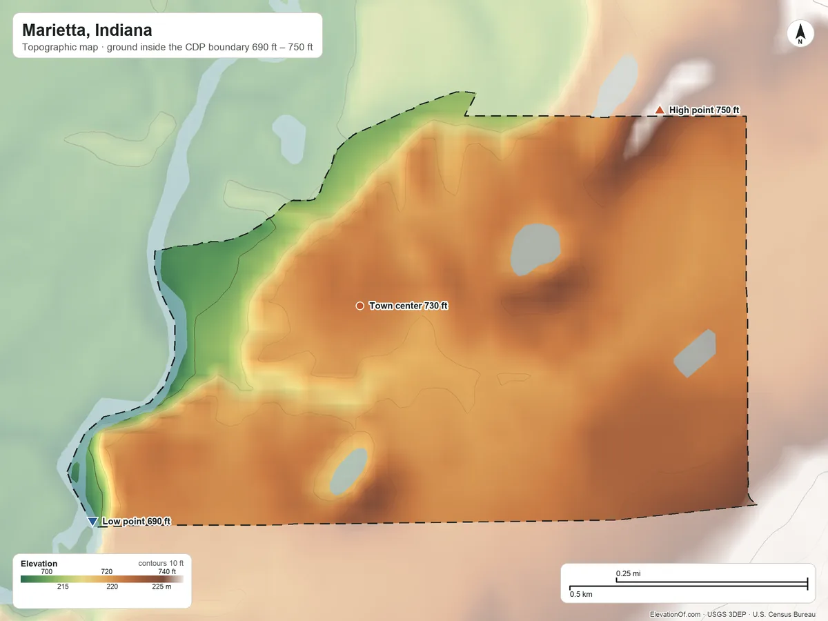 Topographic elevation map of Marietta, Indiana, shaded from 690 ft on the southwest side to 750 ft on the northeast side