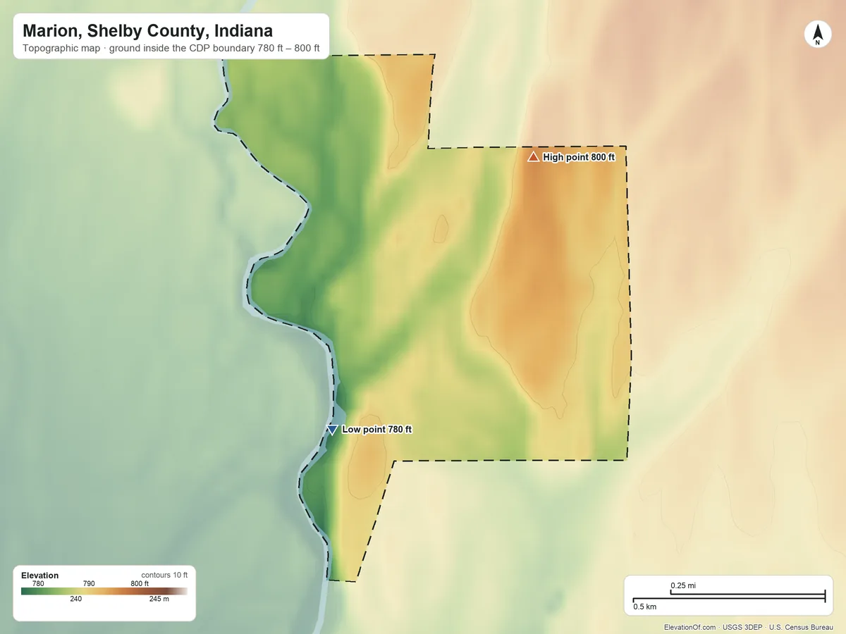 Topographic elevation map of Marion, Shelby County, Indiana, shaded from 780 ft near the middle to 800 ft on the northeast side