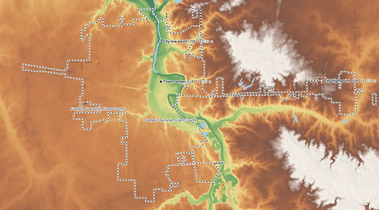 Topographic elevation map of Marion, Indiana, shaded from 780 ft on the north side to 890 ft on the east side