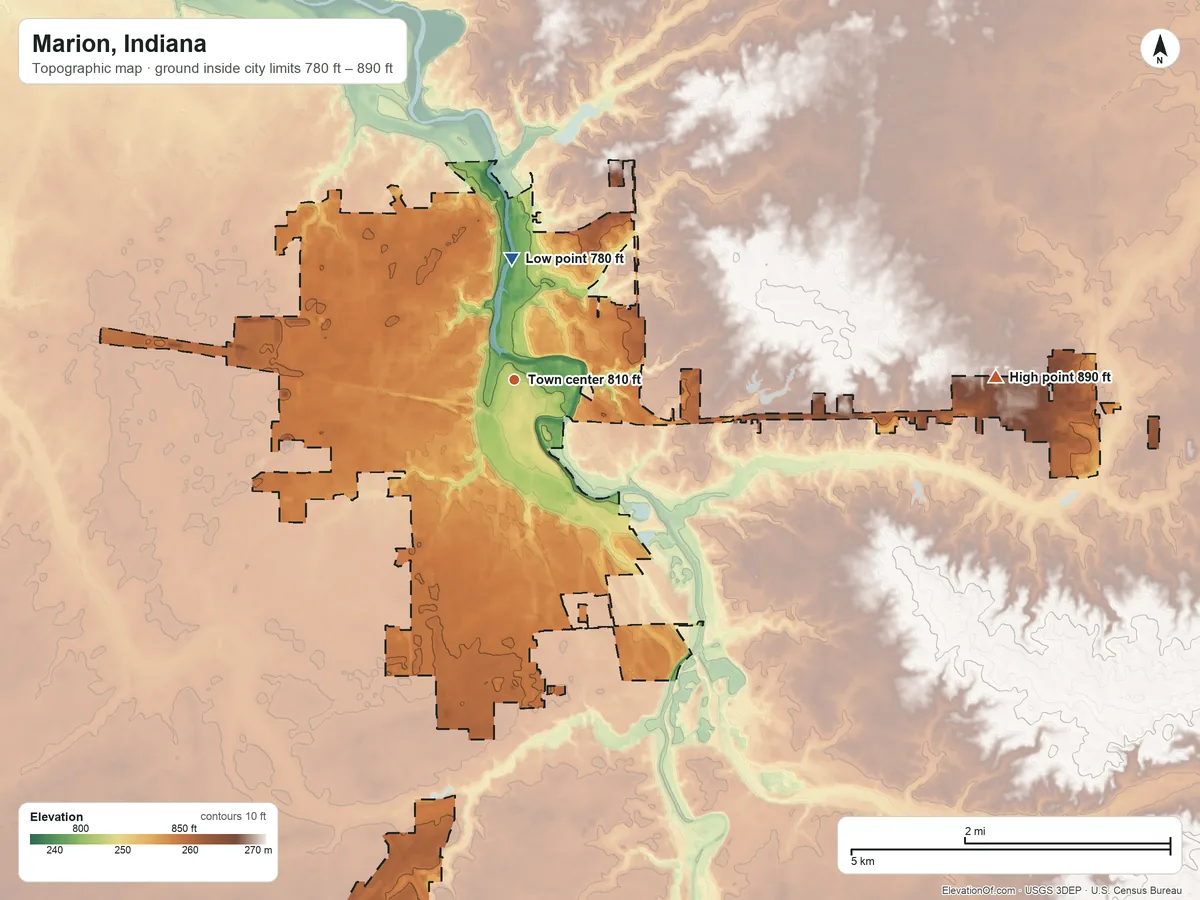 Topographic elevation map of Marion, Indiana, shaded from 780 ft on the north side to 890 ft on the east side