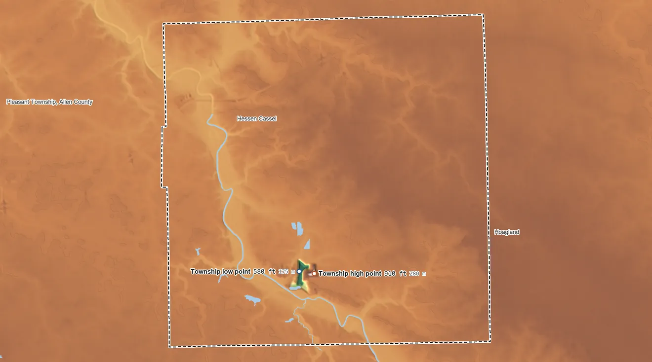 Topographic elevation map of Marion Township, Allen County, Indiana, shaded from 580 ft on the south side to 910 ft on the south side