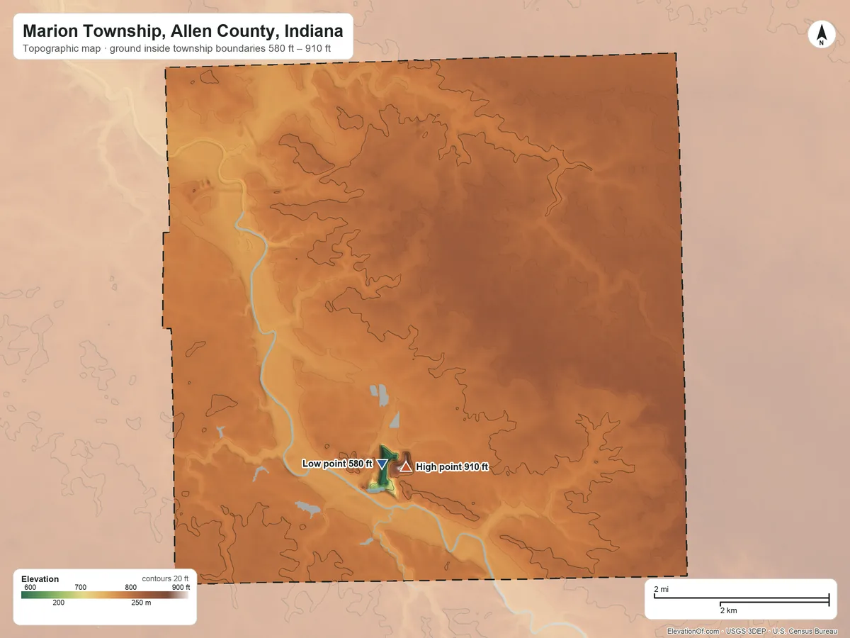 Topographic elevation map of Marion Township, Allen County, Indiana, shaded from 580 ft on the south side to 910 ft on the south side