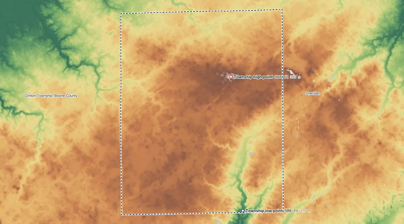 Topographic elevation map of Marion Township, Boone County, Indiana, shaded from 900 ft on the south side to 980 ft on the north side