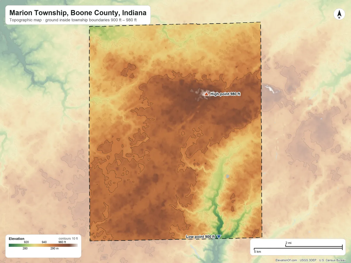 Topographic elevation map of Marion Township, Boone County, Indiana, shaded from 900 ft on the south side to 980 ft on the north side