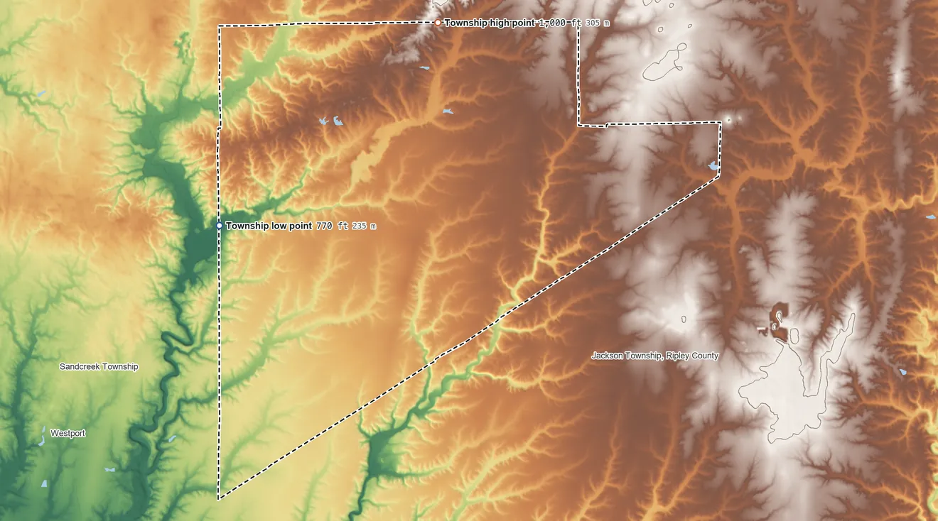 Topographic elevation map of Marion Township, Decatur County, Indiana, shaded from 770 ft on the west side to 1,000 ft on the north side