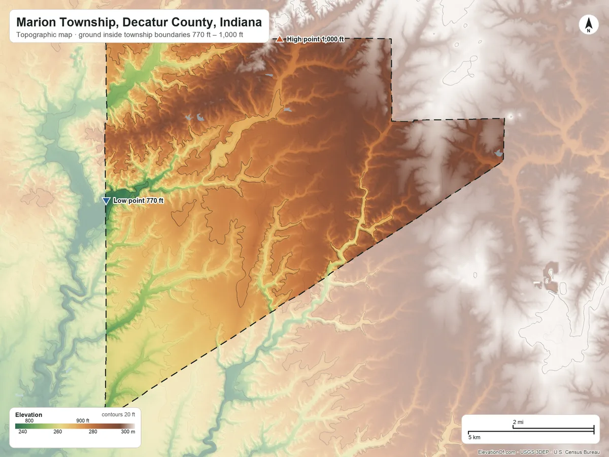 Topographic elevation map of Marion Township, Decatur County, Indiana, shaded from 770 ft on the west side to 1,000 ft on the north side