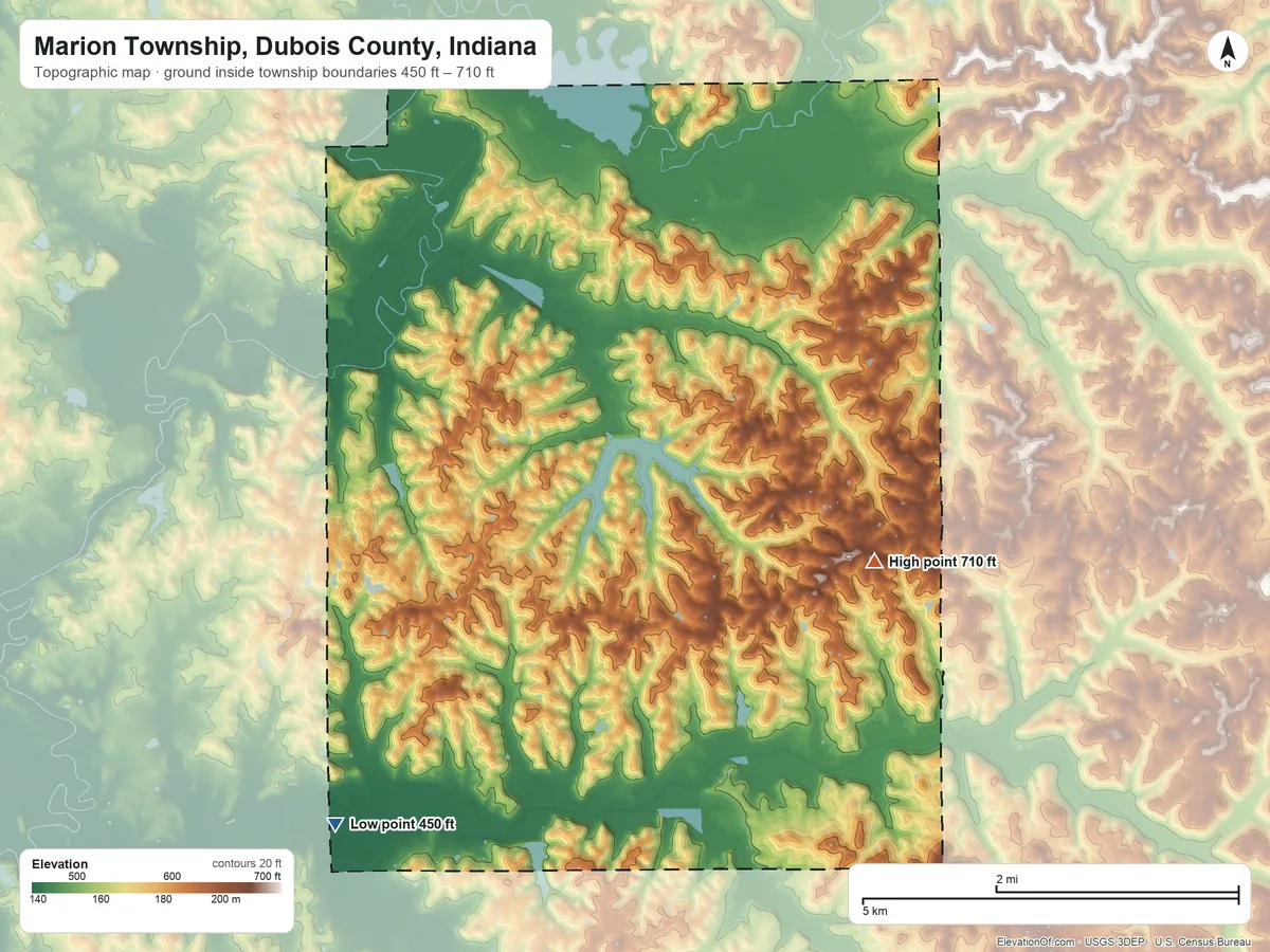 Topographic elevation map of Marion Township, Dubois County, Indiana, shaded from 450 ft on the southwest side to 710 ft on the southeast side