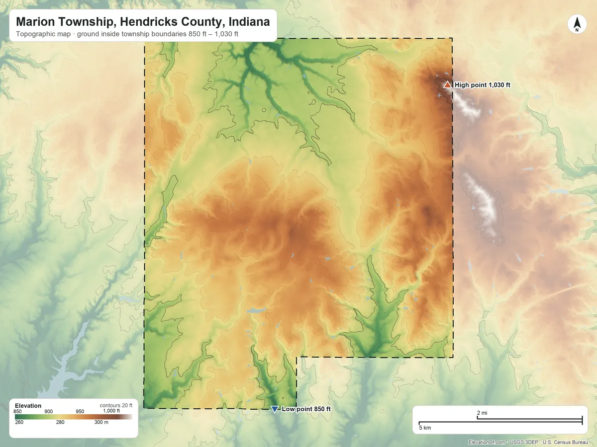 Topographic elevation map of Marion Township, Hendricks County, Indiana, shaded from 850 ft on the south side to 1,030 ft on the northeast side