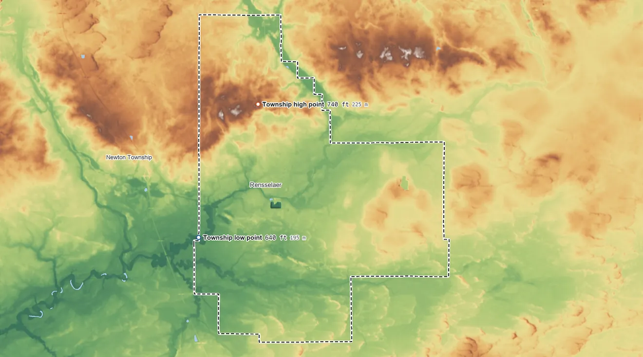 Topographic elevation map of Marion Township, Jasper County, Indiana, shaded from 640 ft on the southwest side to 740 ft on the north side