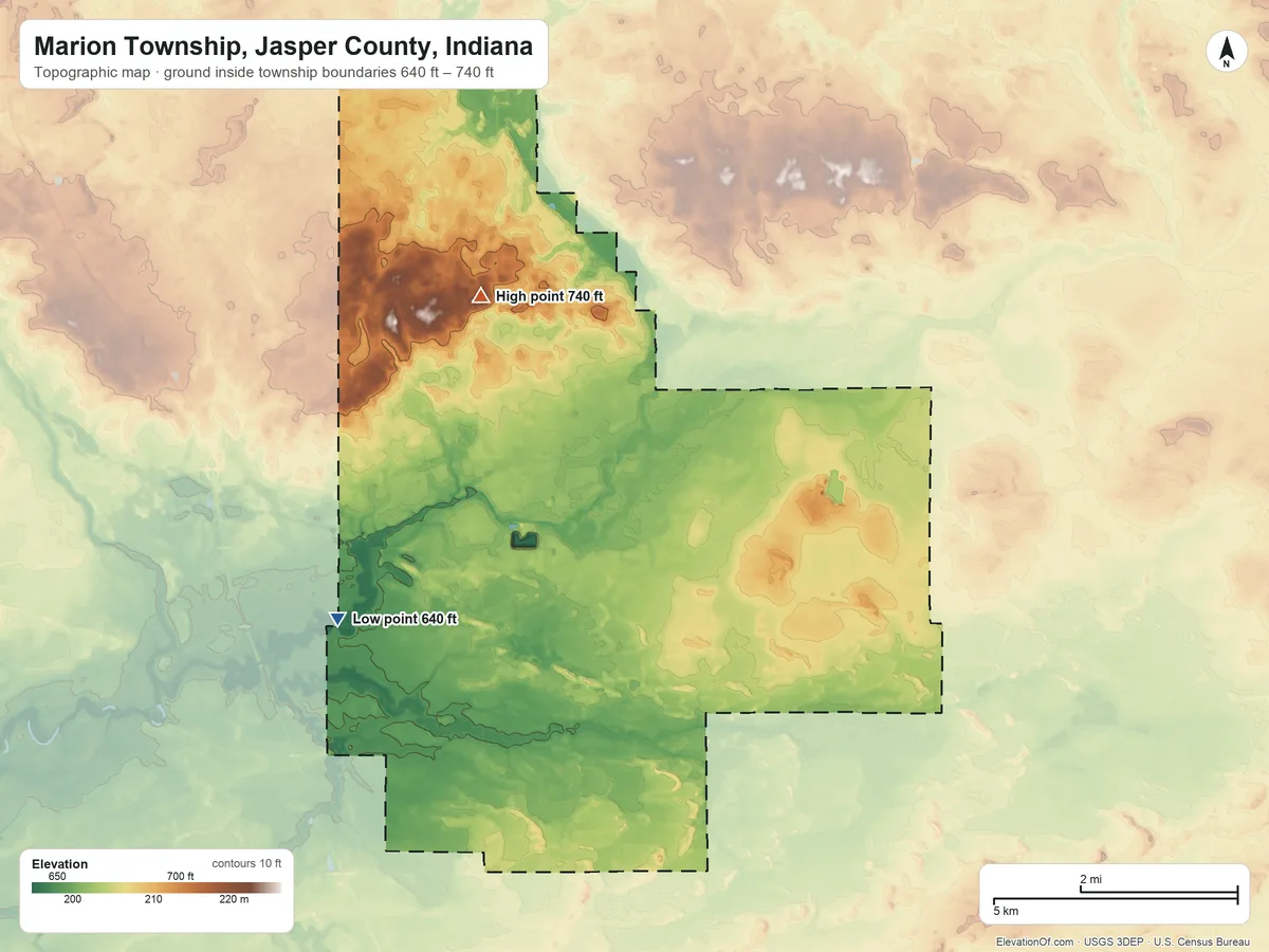Topographic elevation map of Marion Township, Jasper County, Indiana, shaded from 640 ft on the southwest side to 740 ft on the north side
