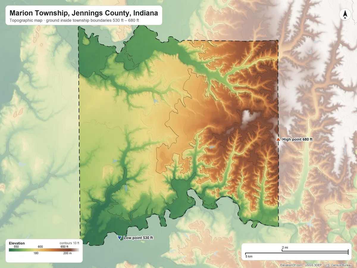 Topographic elevation map of Marion Township, Jennings County, Indiana, shaded from 530 ft on the southwest side to 680 ft on the east side
