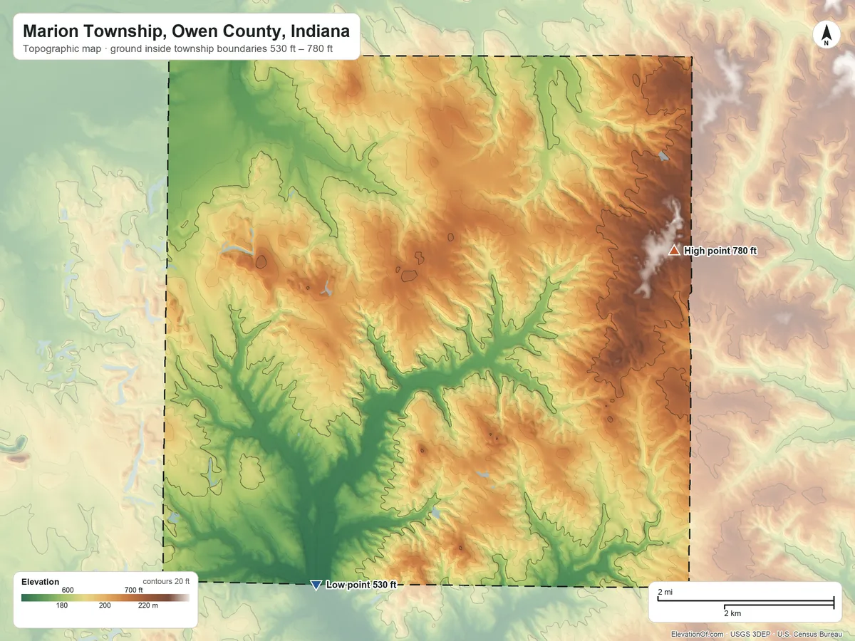 Topographic elevation map of Marion Township, Owen County, Indiana, shaded from 530 ft on the southwest side to 780 ft on the east side