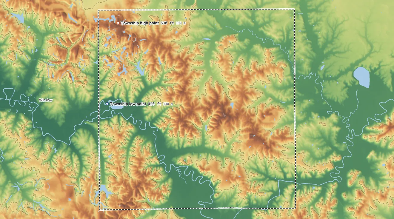 Topographic elevation map of Marion Township, Pike County, Indiana, shaded from 420 ft on the west side to 630 ft on the northwest side