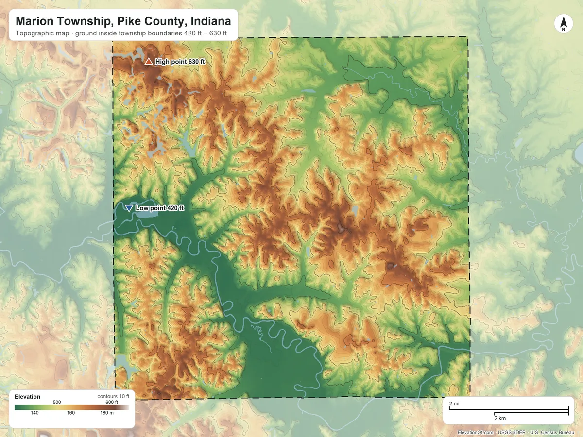 Topographic elevation map of Marion Township, Pike County, Indiana, shaded from 420 ft on the west side to 630 ft on the northwest side