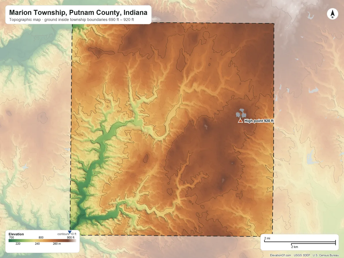 Topographic elevation map of Marion Township, Putnam County, Indiana, shaded from 690 ft on the southwest side to 920 ft on the east side