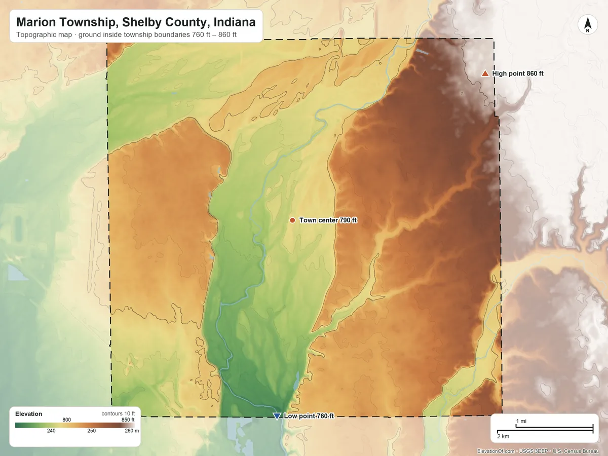 Topographic elevation map of Marion Township, Shelby County, Indiana, shaded from 760 ft on the south side to 860 ft on the northeast side