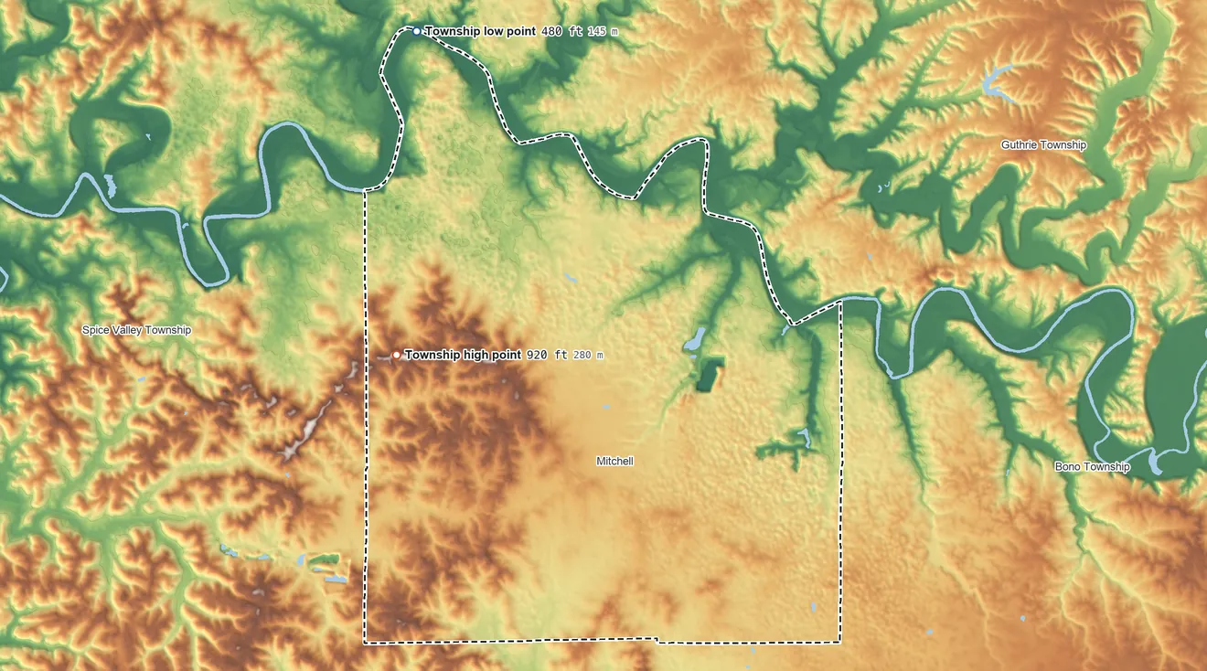Topographic elevation map of Marion Township, Indiana, shaded from 480 ft on the northwest side to 920 ft on the west side