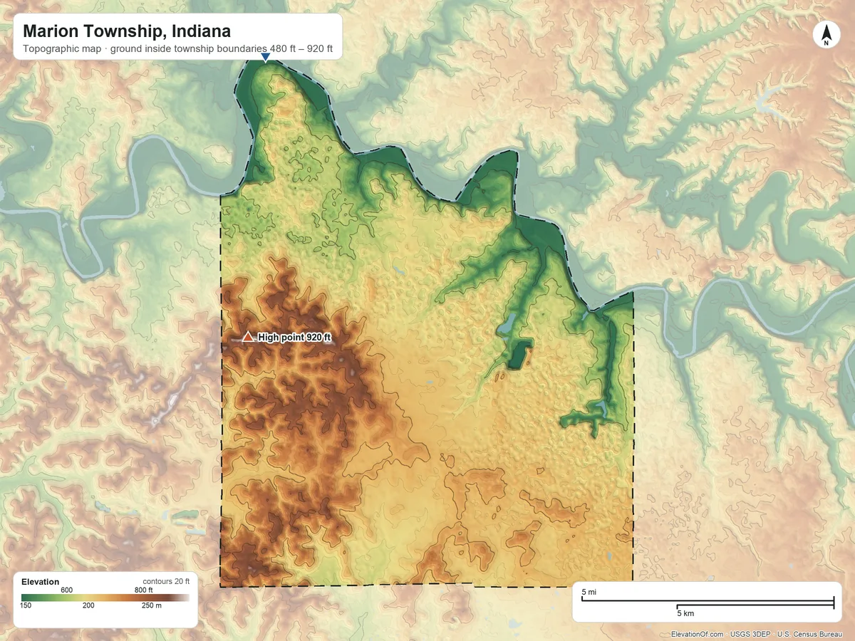 Topographic elevation map of Marion Township, Indiana, shaded from 480 ft on the northwest side to 920 ft on the west side